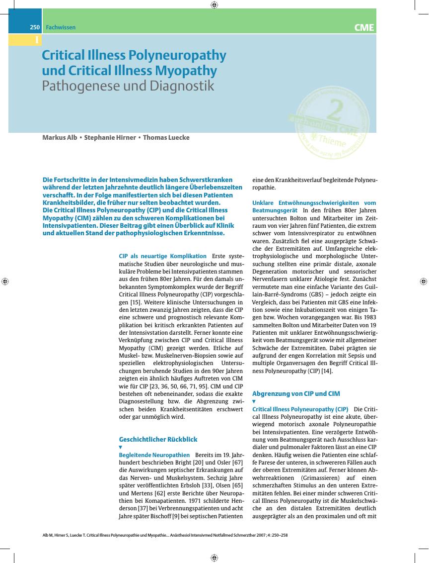 Vorschauseite 1: Critical Illness Polyneuropathy und Critical Illness Myopathy. Pathogenese und Diagnostik