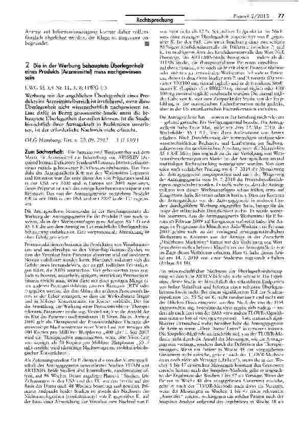 Vorschauseite 1: Die in der Werbung behauptete Überlegenheit eines Produkts (Arzneimittel) muss nachgewiesen sein UWG §§ 3,4 Nr. 11, 5, 8; HWG § 3