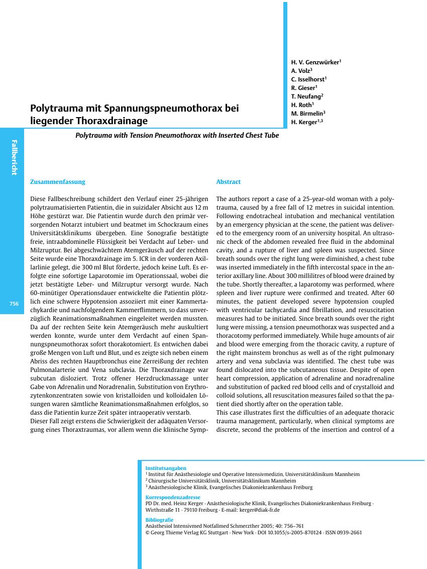 Vorschauseite 1: Polytrauma mit Spannungspneumothorax bei liegender Thoraxdrainage