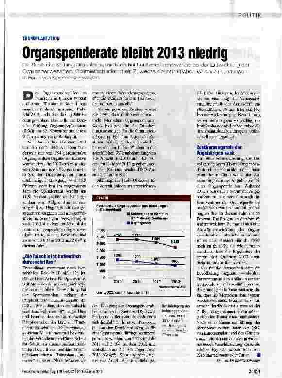 Vorschauseite 1: Organspenderate bleibt 2013 niedrig