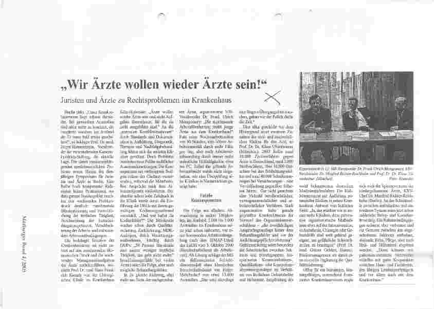Vorschauseite 1: Wir Ärzte wollen wieder Ärzte sein! Juristen und Ärzte zu Rechtsproblemen im Krankenhaus - Symposium