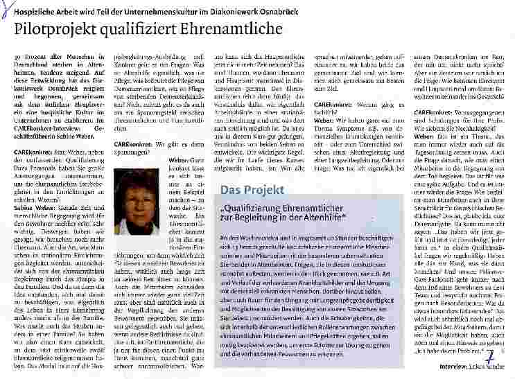 Vorschauseite 1: Hospizliche Arbeit wird Teil der Unternehmenskultur im Diakoniewerk OsnabrückPilotprojekt qualifiziert Ehrenamtliche