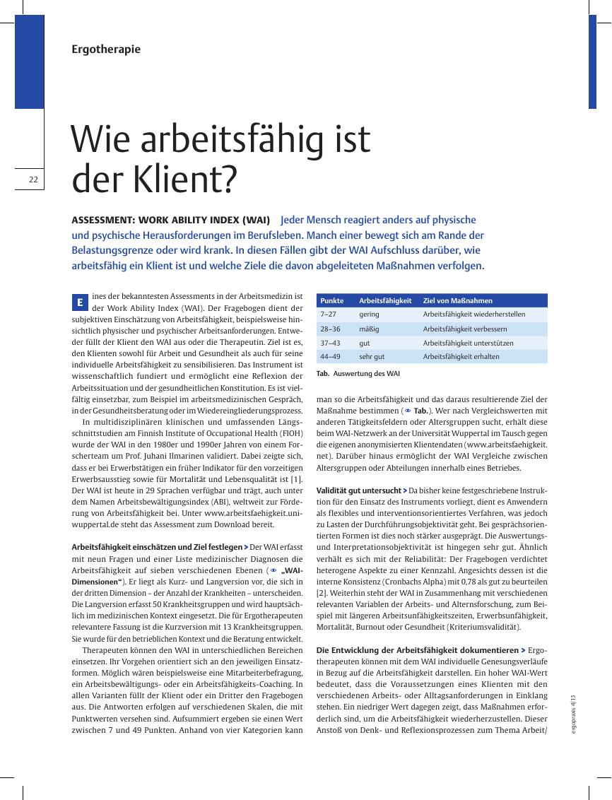 Vorschauseite 1: Assessment: Work Ability Index (WAI) ? Wie arbeitsfähig ist der Klient?