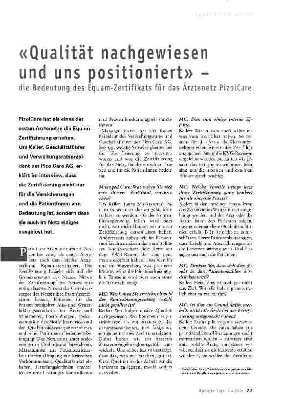 Vorschauseite 1: «Qualität nachgewiesen und uns positioniert» -die Bedeutung des Equam-Zertifikats für das Ärztenetz PizolCare