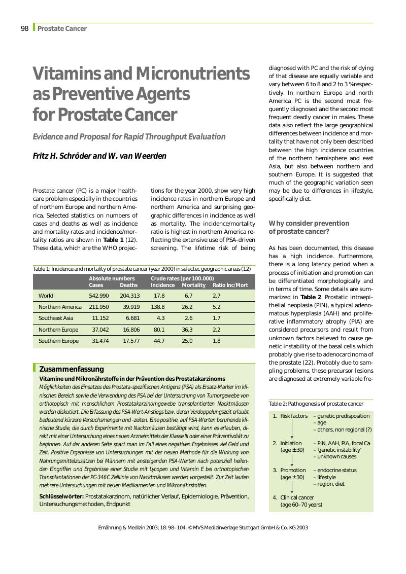 Vorschauseite 1: Vitamins and Micronutrients as Preventive Agents for Prostate Cancer - Evidence and Proposal for Rapid Throughput Evaluation