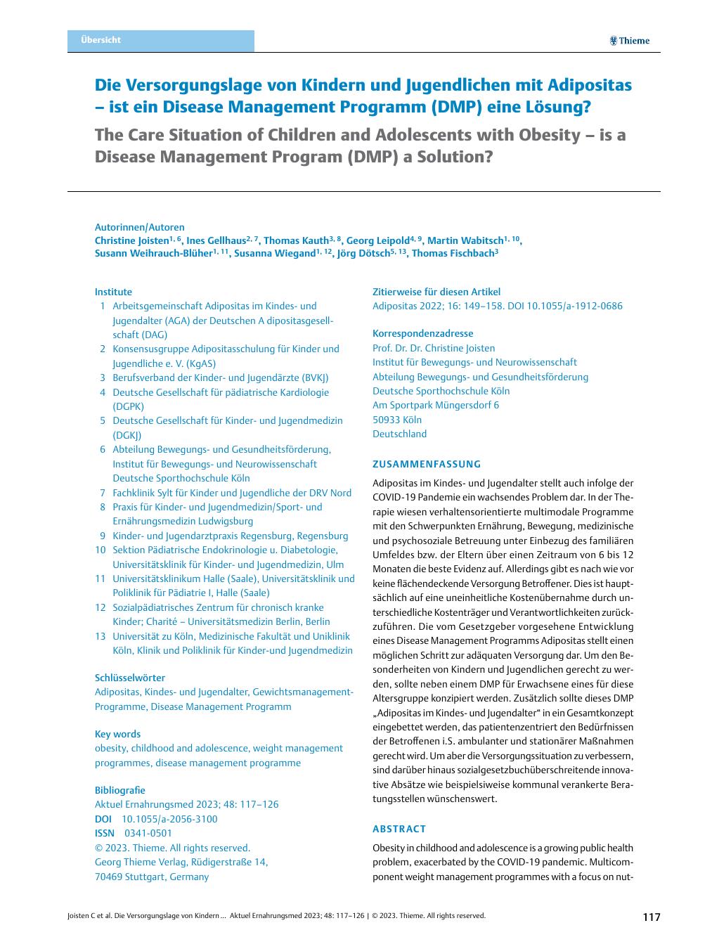Vorschauseite 1: Die Versorgungslage von Kindern und Jugendlichen mit Adipositas – ist ein Disease Management Programm (DMP) eine Lösung?