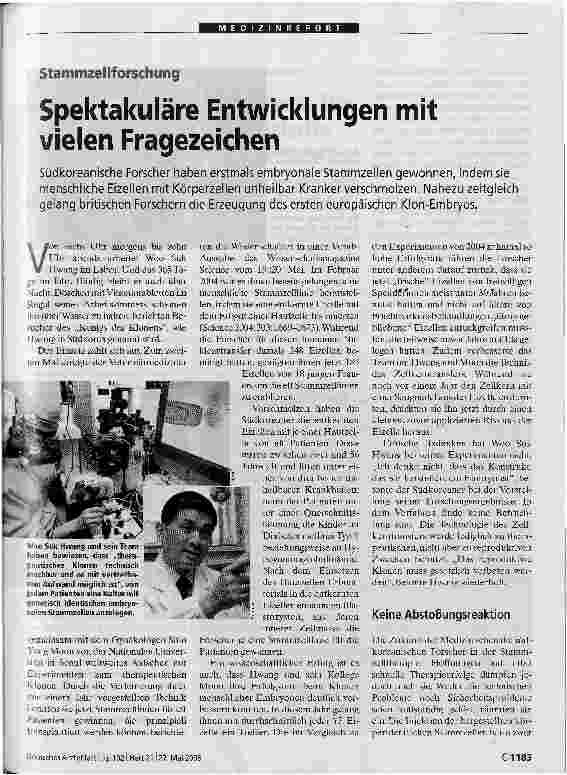 Vorschauseite 1: StammzellforschungSpektakuläre Entwicklungen mit vielen Fragezeichen