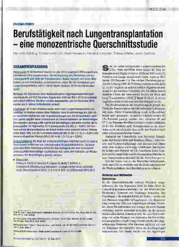 Vorschauseite 1: Berufstätigkeit nach Lungentransplantation - eine monozentrische Querschnittsstudie