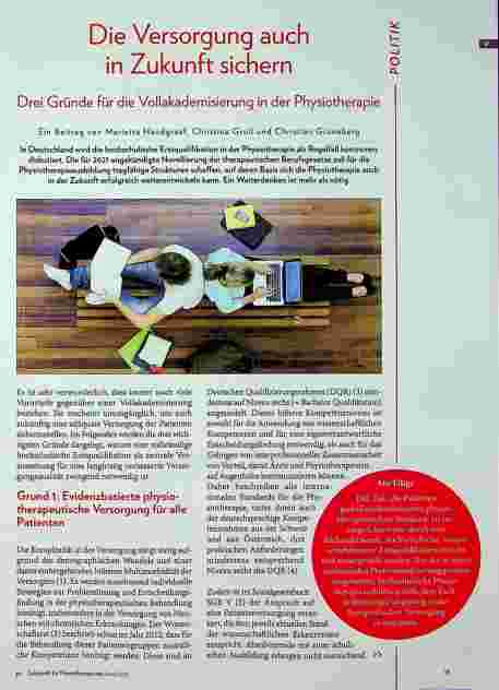 Vorschauseite 1: Die Versorgung auch in Zukunft sichern. Drei Gründe für die Vollakademisierung in der Physiotherapie.