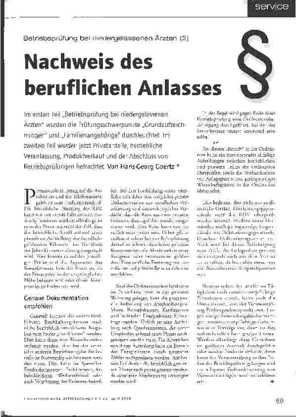 Vorschauseite 1: Betriebsprüfung bei niedergelassenen Ärzten (2)Nachweis des beruflichen Anlasses