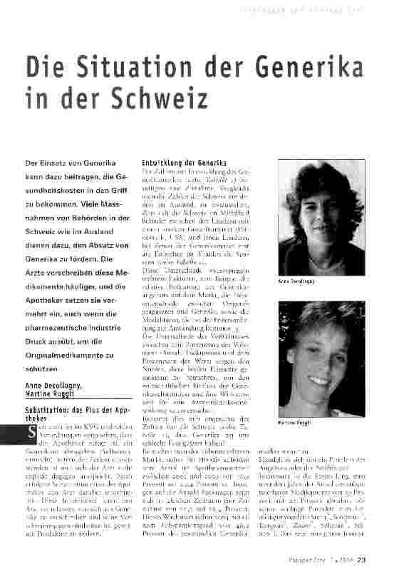 Vorschauseite 1: Die Situation der Generika in der Schweiz