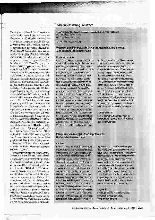 Vorschauseite 2: Vitamine und Mineralstoffe in NahrungsergänzungsmittelnEine aktuelle Risikobewertung