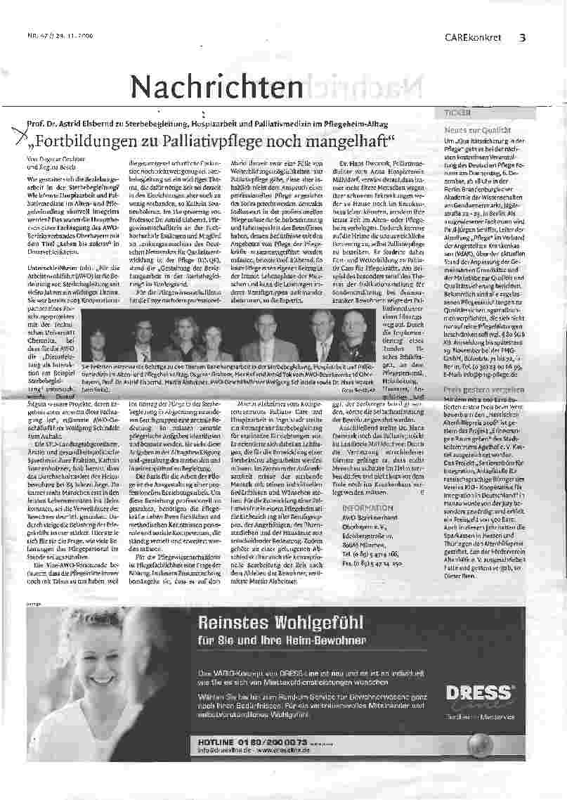 Vorschauseite 1: Prof. Dr. Astrid Eisbernd zu Sterbebegleitung, Hospizarbeit und Palliativmedizin im Pflegeheim-AlltagFortbildungen zu Palliativpflege noch mangelhaft