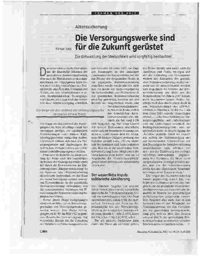 Vorschauseite 1: Die Versorgungswerke sind für die Zukunft gerüstetDie Entwicklung der Sterblichkeit wird sorgfältig beobachtet