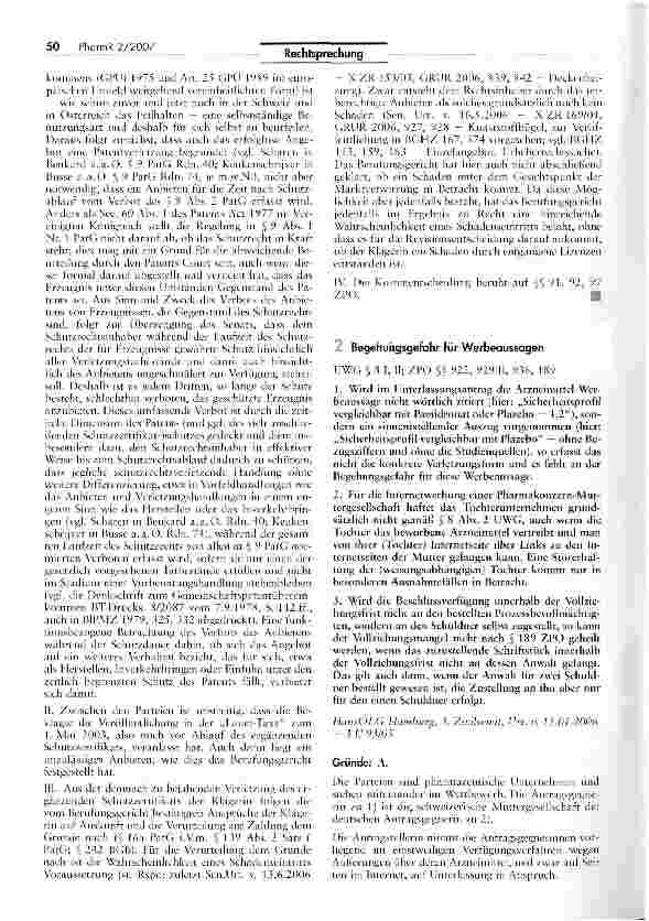 Vorschauseite 1: Begehungsgefahr für WerbeaussagenUWG § 8 I, II; ZPO §§ 922, 929 II, 936, 189