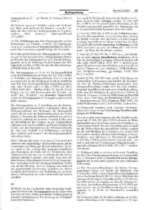 Vorschauseite 3: Begehungsgefahr für WerbeaussagenUWG § 8 I, II; ZPO §§ 922, 929 II, 936, 189