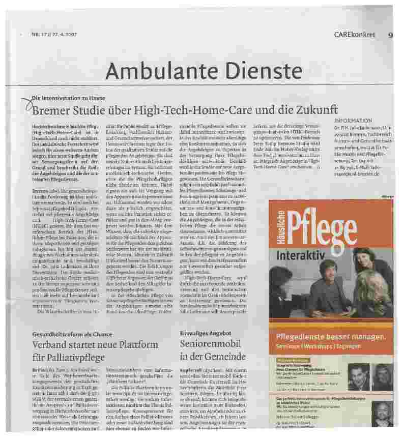 Vorschauseite 1: Bremer Studie über High-Tech-Home-Care und die Zukunft
