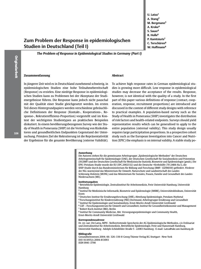Vorschauseite 1: Zum Problem der Response in epidemiologischen Studien in Deutschland (Teil I)