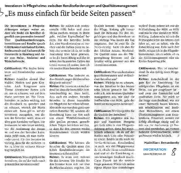 Vorschauseite 1: Investieren in Pflegeheime: zwischen Renditeforderungen und Qualitätsmanagement„Es muss einfach für beide Seiten passen