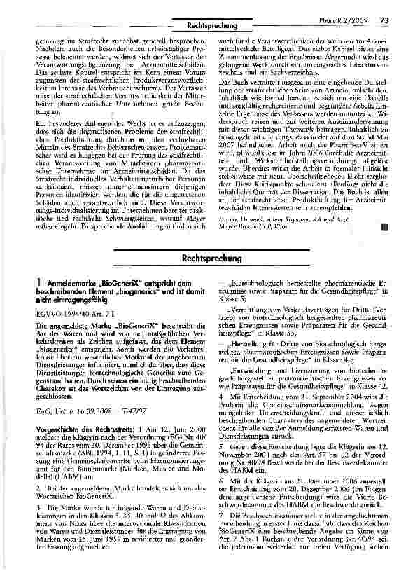 Vorschauseite 1: Anmeldemarke „BioGeneriX entspricht dem beschreibenden Element „biogenerics und ist damit nicht eintragungsfähig