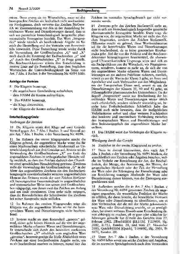 Vorschauseite 2: Anmeldemarke „BioGeneriX entspricht dem beschreibenden Element „biogenerics und ist damit nicht eintragungsfähig
