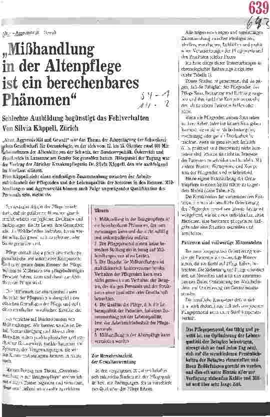 Vorschauseite 1: Mißhandlung in der Altenpflege ist ein berechenbares Phänomen Schlechte Ausbildung begünstigt das Fehlverhalten