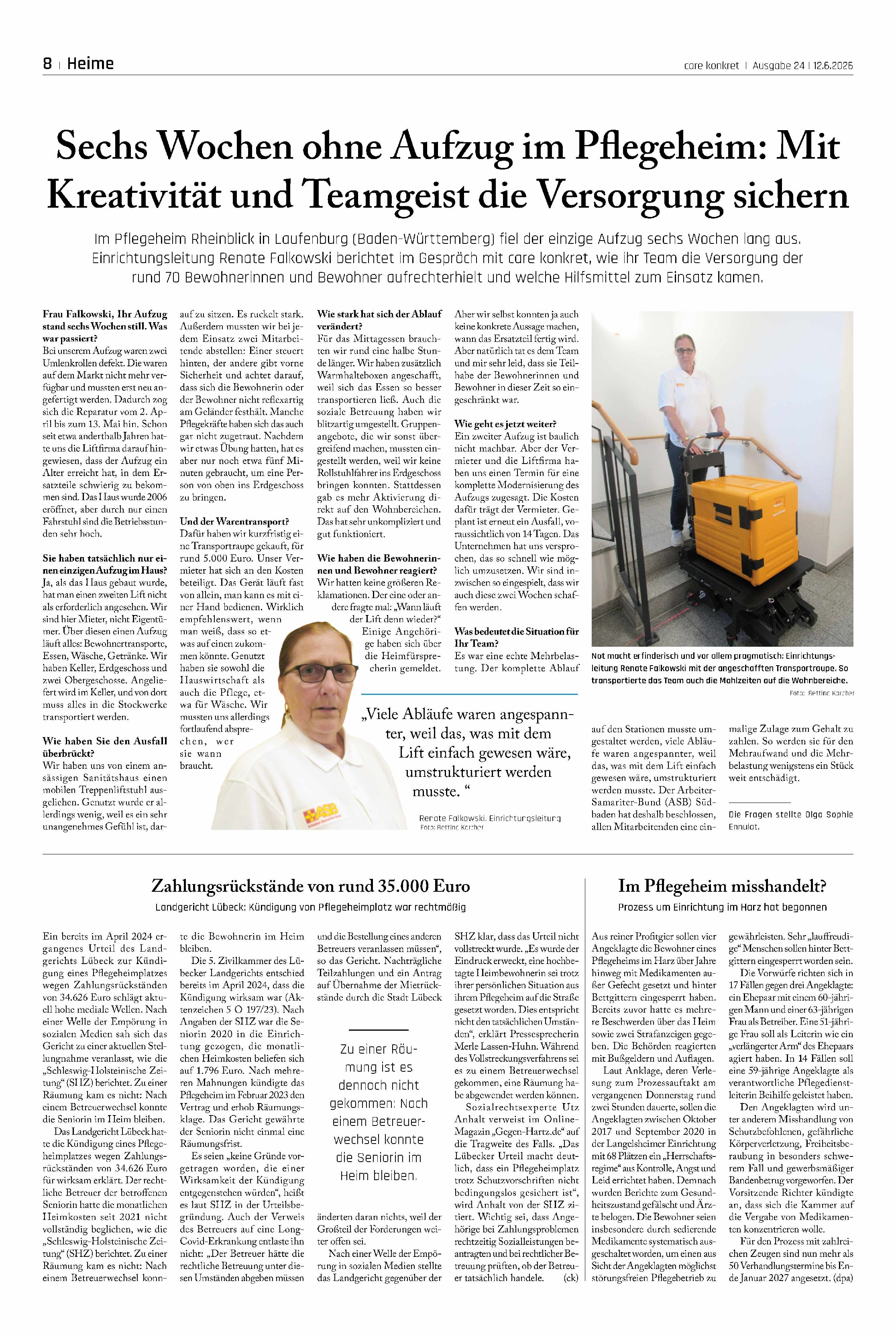 Vorschauseite 1: Sechs Wochen ohne Aufzug im Pflegeheim: Mit Kreativität und Teamgeist die Versorgung sichern