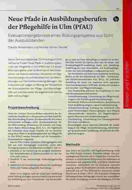 Vorschauseite 1: Neue Pfade in Ausbildungsberufen der Pflegehilfe in Ulm (PfAU) - Evaluationsergebnisse eines Bildungsprojekts aus Sicht der Auszubildenden