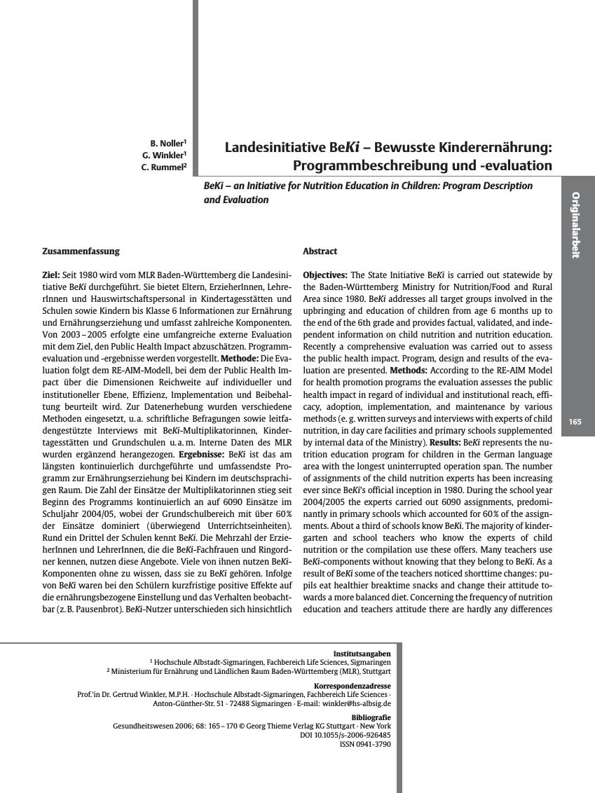 Vorschauseite 1: Landesinitiative BeKi - Bewusste Kinderernährung: Programmbeschreibung und -evaluation