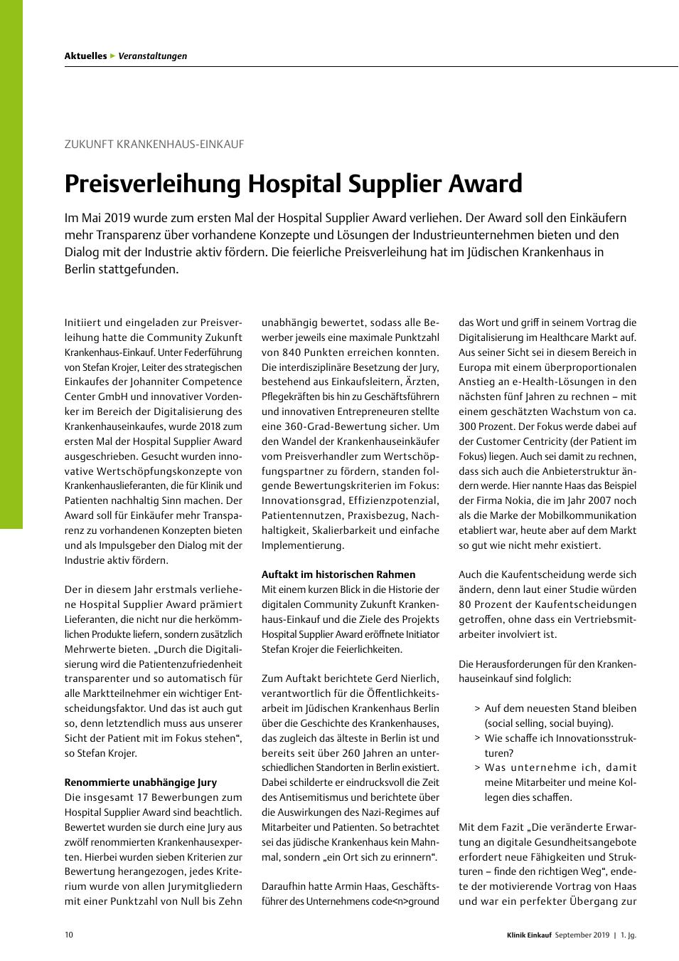 Vorschauseite 1: Zukunft Krankenhaus-Einkauf: Preisverleihung Hospital Supplier Award