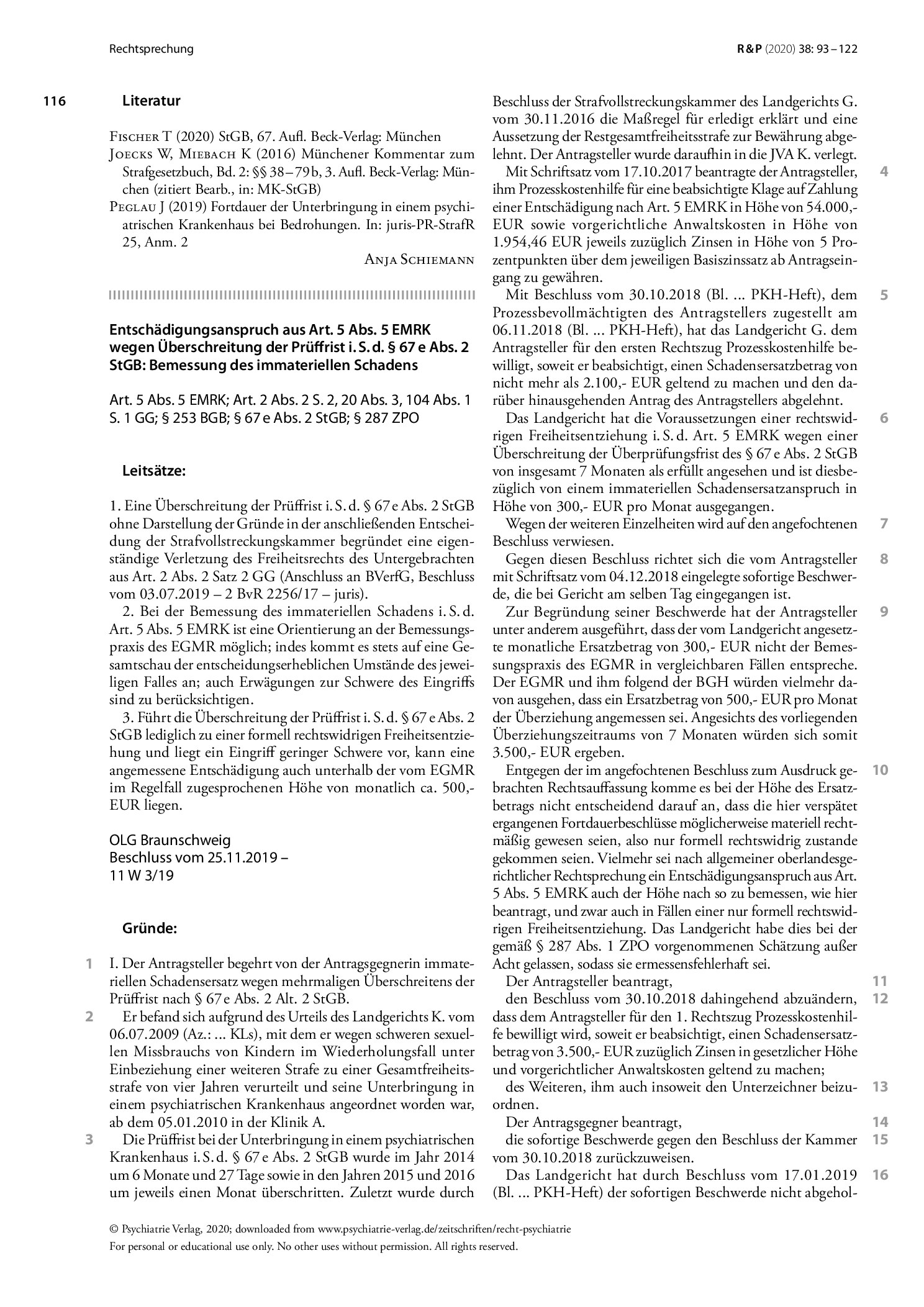 Vorschauseite 1: Entschädigungsanspruch aus Art. 5 Abs. 5 EMRK wegen Überschreitung der Prüffrist i. S. d. § 67e Abs. 2 StGB: Bemessung des immateriellen Schadens