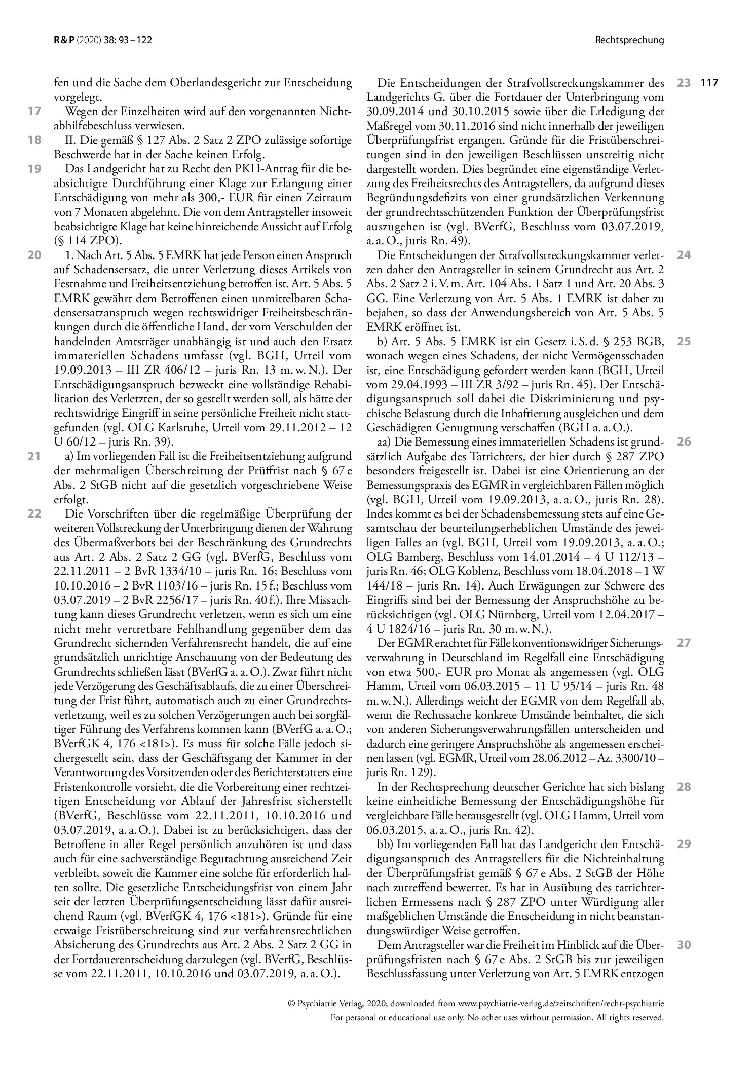 Vorschauseite 2: Entschädigungsanspruch aus Art. 5 Abs. 5 EMRK wegen Überschreitung der Prüffrist i. S. d. § 67e Abs. 2 StGB: Bemessung des immateriellen Schadens