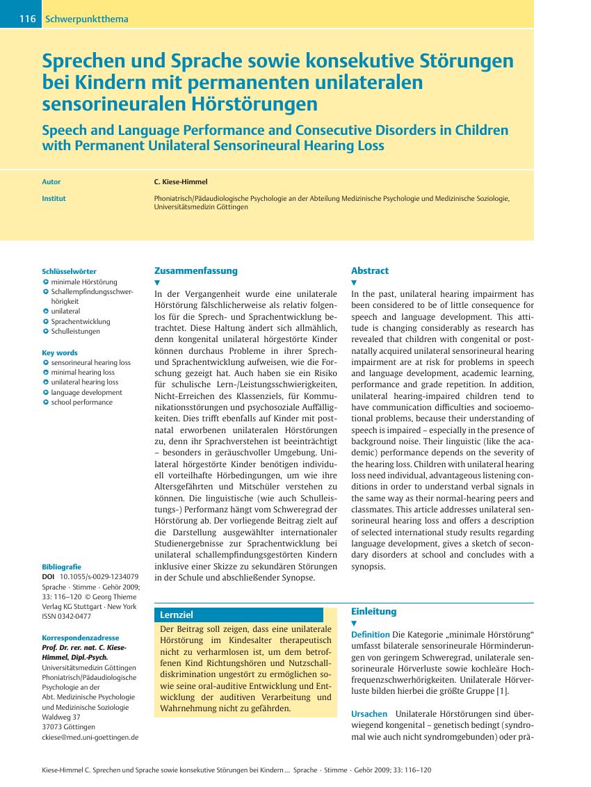 Vorschauseite 1: Sprechen und Sprache sowie konsekutive Störungen bei Kindern mit permanenten unilateralen sensorineuralen Hörstörungen