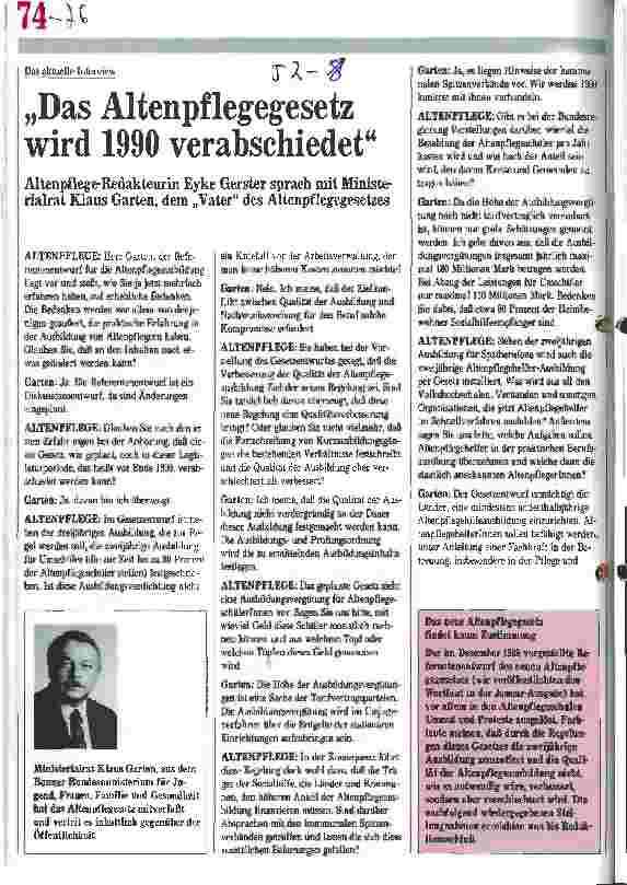 Vorschauseite 1: Das Altenpflegegesetz wird 1990 verabschiedet Interview mit Ministerialrat Klaus Garten