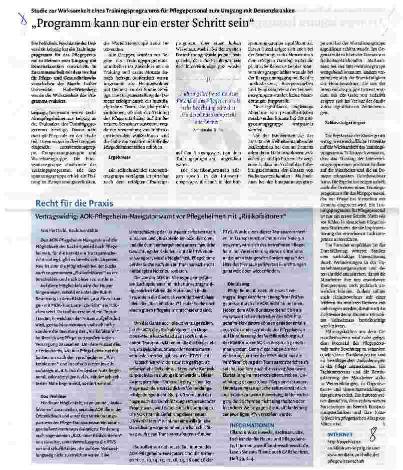 Vorschauseite 1: Studie zur Wirksamkeit eines Trainingsprogramms für Pflegepersonal zum Umgang mit Demenzkranken „Programm kann nur ein erster Schritt sein