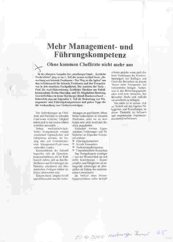 Vorschauseite 1: Mehr Managementund Führungskompetenz Ohne kommen Chefärzte nicht mehr aus