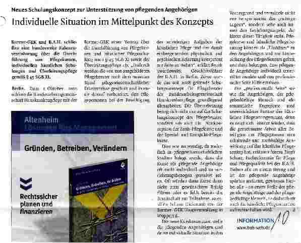 Vorschauseite 1: Neues Schulungskonzept zur Unterstützung von pflegenden Angehörigen Individuelle Situation im Mittelpunkt des Konzepts