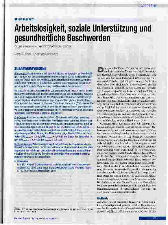 Vorschauseite 1: ORIGINALARBEITArbeitslosigkeit, soziale Unterstützung und gesundheitliche Beschwerden