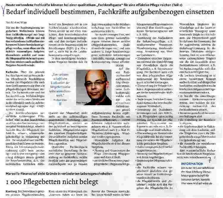 Vorschauseite 1: Heute vorhandene Fachkräfte könnten bei einer qualitativen „Fachkraftquote für eine effektive Pflege reichen (Teil 2)Bedarf individuell bestimmen, Fachkräfte aufgabenbezogen einse…