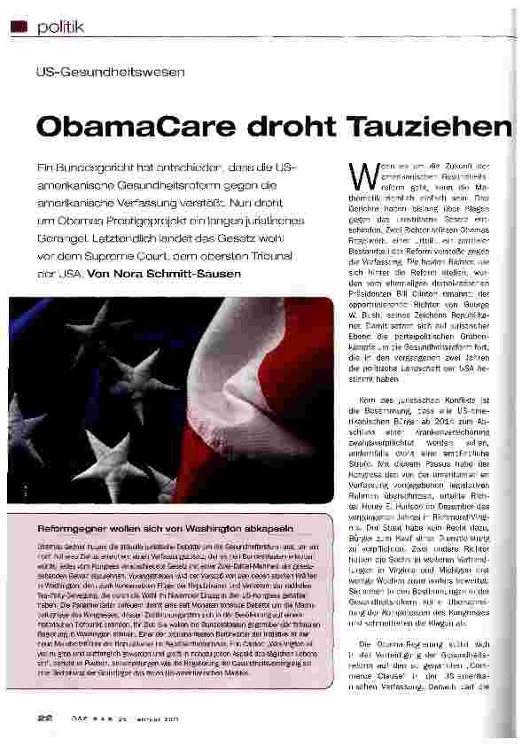 Vorschauseite 1: US-GesundheitswesenObamaCare droht Tauziehen vor Gerichten