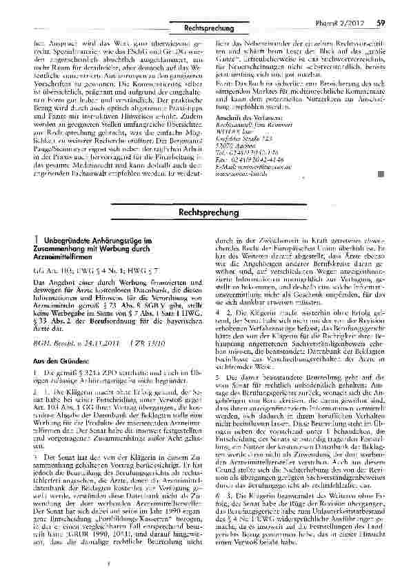 Vorschauseite 1: Unbegründete Anhörungsrüge im Zusammenhang mit Werbung durch ArzneimittelfirmenGG Art. 103; UWG § 4 Nr. 1; HWG § 7