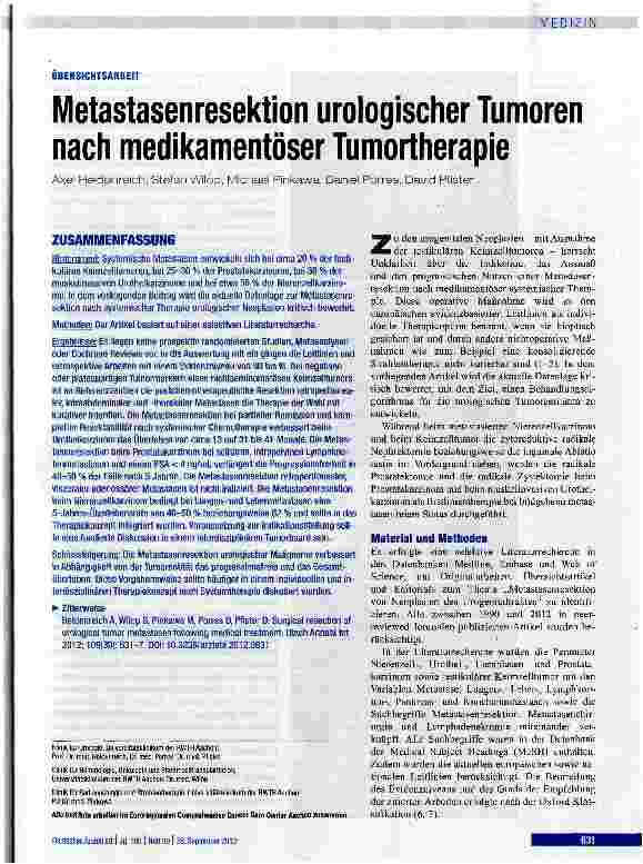Vorschauseite 1: Metastasenresektion urologischer Tumoren nach medikamentöser Tumortherapie