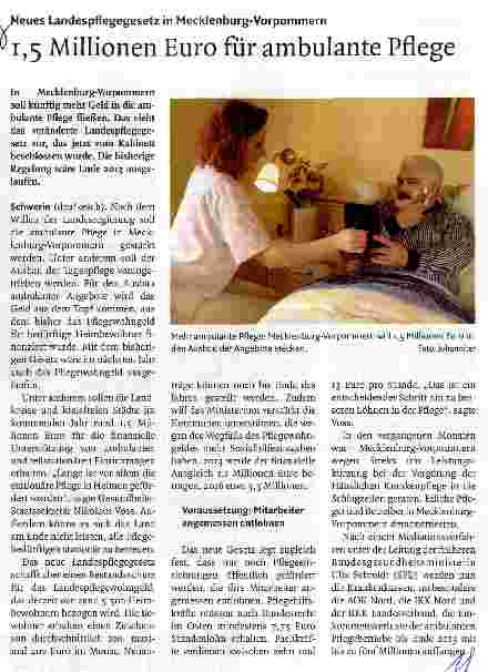 Vorschauseite 1: 1,5 Millionen Euro für ambulante Pflege