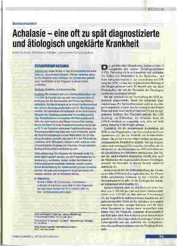 Vorschauseite 1: Achalasie - eine oft zu spät diagnostizierte und ätiologisch ungeklärte Krankheit