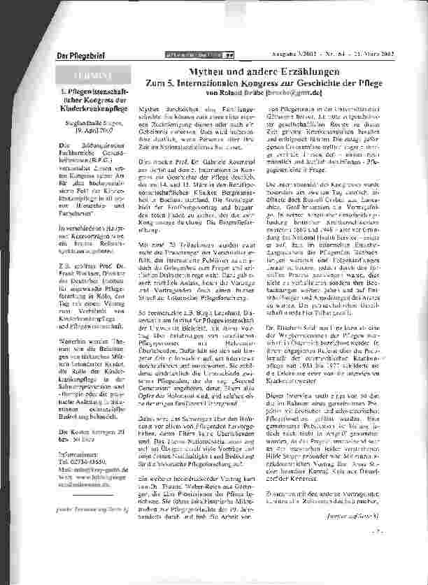 Vorschauseite 1: Mythen und andere ErzählungenZum 5. Internationalen Kongress zur Geschichte der Pflege