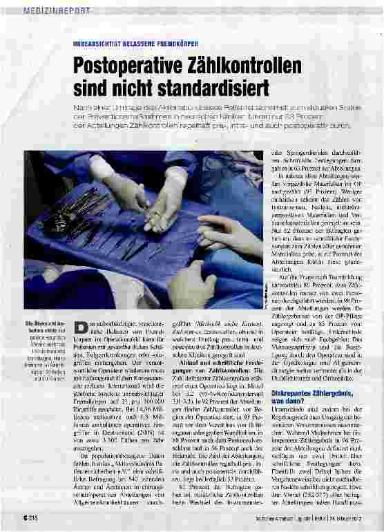 Vorschauseite 1: Postoperative Zählkontrollen sind nicht standardisiert