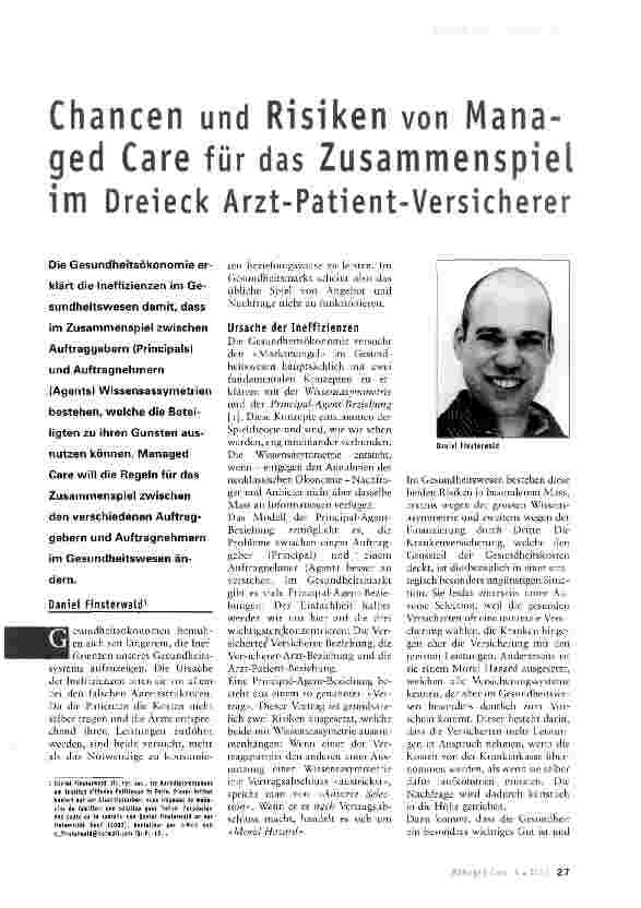 Vorschauseite 1: Chancen und Risiken von Mana-ged Care für das Zusammenspiel im Dreieck Arzt-Patient-Versicherer