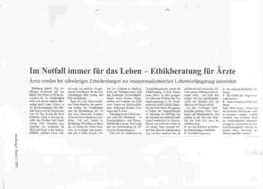 Vorschauseite 1: Im Notfall immer für das Leben - Ethikberatung für Ärzte Medizin-Ethik