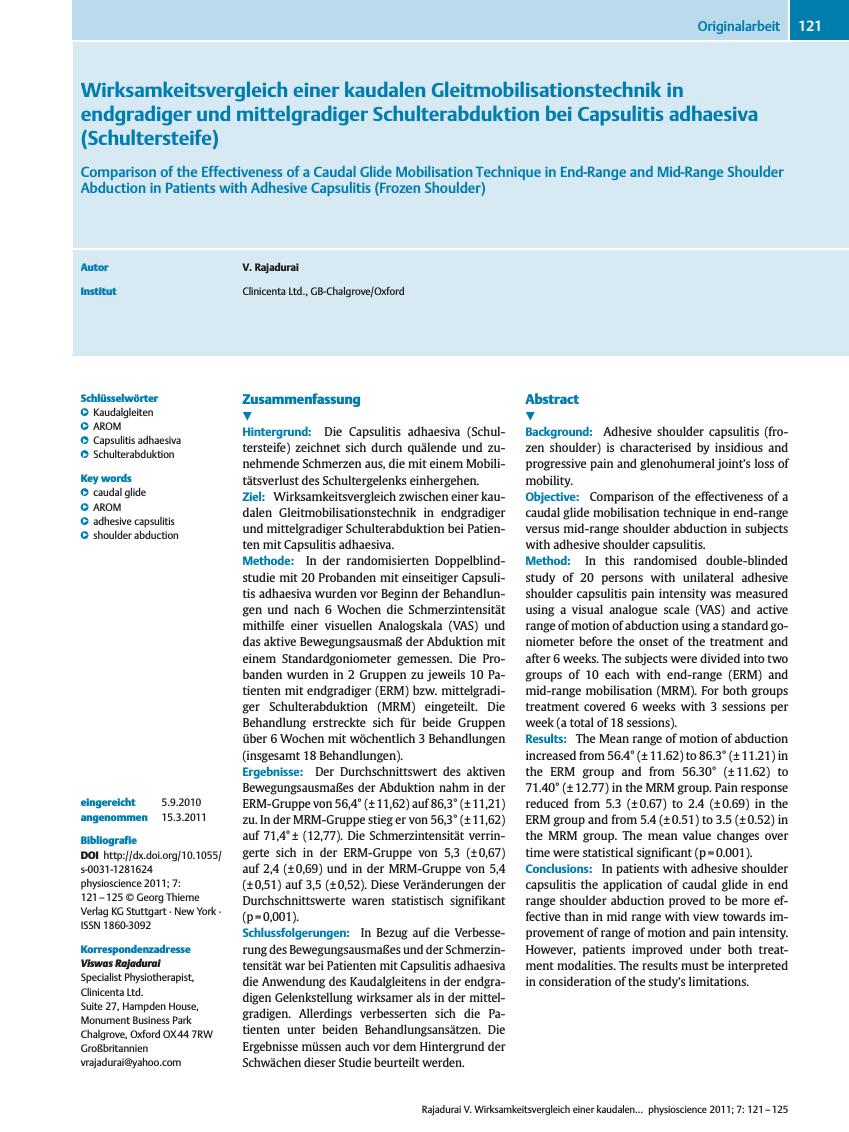 Vorschauseite 1: Wirksamkeitsvergleich einer kaudalen Gleitmobilisationstechnik in endgradiger und mittelgradiger Schulterabduktion bei Capsulitis adhaesiva (Schultersteife)