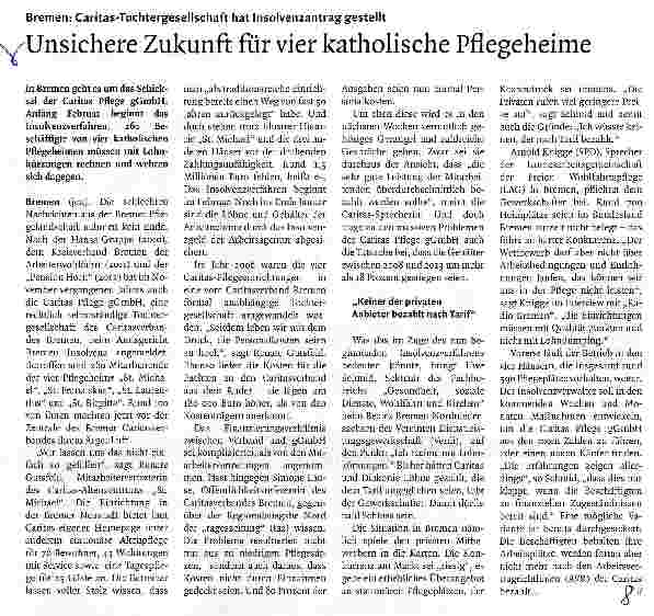Vorschauseite 1: Bremen: Caritas-Tochtergesellschaft hat Insolvenzantrag gestelltUnsichere Zukunft für vier katholische Pflegeheime